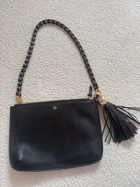 Tory Burch Black Pebbled Leather Shoulder Bag with Braided Chain Strap